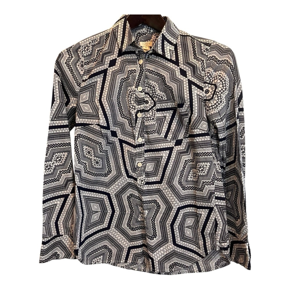 J.Crew Classic-fit Cotton Popover Shirt Blue White Abstract Print Size XS